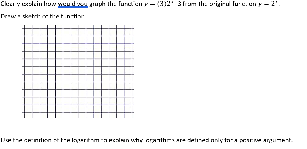 Clearly explain how would you graph the function y = (3)2*+3 from the original function y = 2*.
Draw a sketch of the function.
Use the definition of the logarithm to explain why logarithms are defined only for a positive argument.
