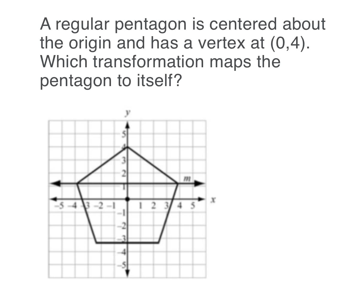 A regular pentagon is centered about
the origin and has a vertex at (0,4).
Which transformation maps the
pentagon to itself?
3 4 3 -2 -1
1 2345
