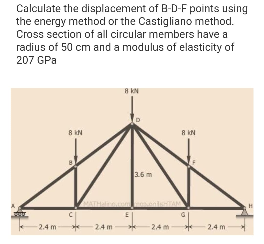 Calculate the displacement of B-D-F points using
the energy method or the Castigliano method.
Cross section of all circular members have a
radius of 50 cm and a modulus of elasticity of
207 GPa
8 kN
8 kN
8 kN
B
3.6 m
MATHalino.common.onilsHTAM
2.4 m
2.4 m
2.4 m
2.4 m

