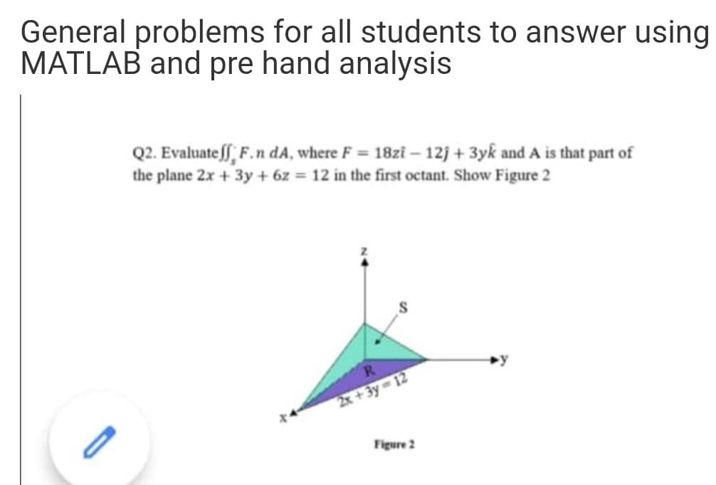 General problems for all students to answer using
MATLAB and pre hand analysis
Q2. Evaluate ff, F.n dA, where F = 18zi – 12j + 3yk and A is that part of
the plane 2x + 3y + 6z = 12 in the first octant. Show Figure 2
R.
2x+3y 12
Figure 2
