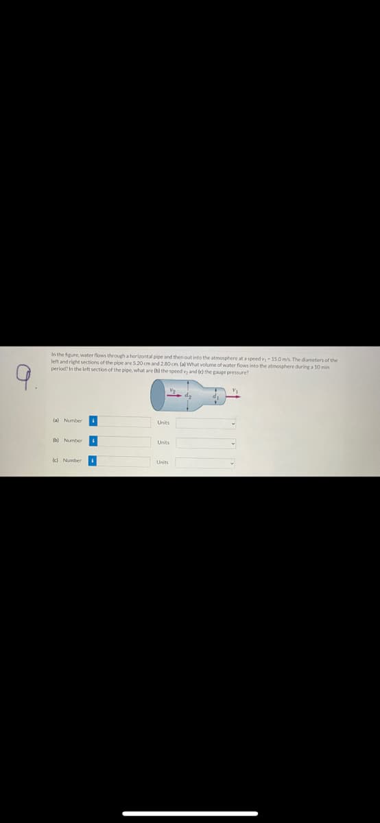 In the figure, water flows through a horizontal pipe and then out into the atnosphere at a speed v-
left and right sections of the pipe are 5.20 cm and 2.80 cm. (a) What volume of water flows into the atmosphere during a 10 min
period? In the left section of the pipe, what are (b) the speed vs and (e) the gauge pressure?
-150 m/s. The diameters of the
(a) Number
(b) Number
Units
k) Number i
Units
