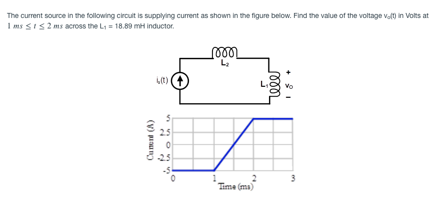 The current source in the following circuit is supplying current as shown in the figure below. Find the value of the voltage vo(t) in Volts at
1 ms <1< 2 ms across the L1 = 18.89 mH inductor.
L2
i,(t) (4
L,
Vo
5
2.5
-2.5
-5
1
Time (ms)
3
Cunent (A)
2.
