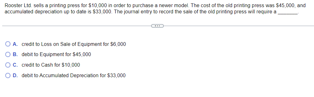 Rooster Ltd. sells a printing press for $10,000 in order to purchase a newer model. The cost of the old printing press was $45,000, and
accumulated depreciation up to date is $33,000. The journal entry to record the sale of the old printing press will require a
A. credit to Loss on Sale of Equipment for $6,000
O B. debit to Equipment for $45,000
C. credit to Cash for $10,000
D. debit to Accumulated Depreciation for $33,000
C