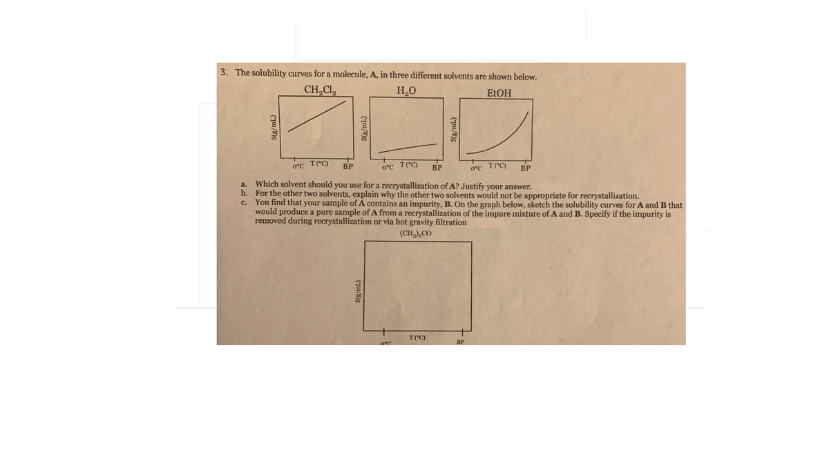 3. The solubility curves for a molecule, A, in three different solvents are shown below.
CH,Cl
H.O
ELOH
0°C T(°C)
BP
0°C T(°C)
BP
0°C T("C)
BP
a. Which solvent should you use for a recrystallization of A? Justify your answer.
b. For the other two solvents, explain why the other two solvents would not be appropriate for recrystallization.
c. You find that your sample of A contains an impurity, B. On the graph below, sketch the solubility curves for A and B that
would produce a pure sample of A from a recrystallization of the impure mixture of A and B. Specify if the impurity is
removed during recrystallization or via hot gravity filtration
(CH,),CO
T("C)
BP
(TW/3)S
