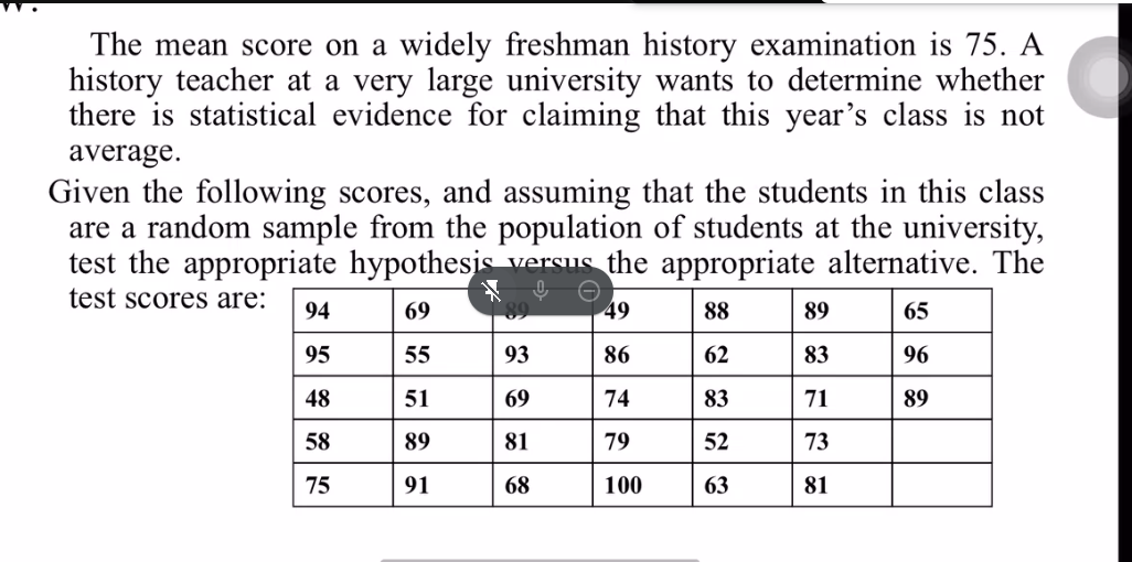 The mean score on a widely freshman history examination is 75. A
history teacher at a very large university wants to determine whether
there is statistical evidence for claiming that this year's class is not
average.
Given the following scores, and assuming that the students in this class
are a random sample from the population of students at the university,
test the appropriate hypothesis versus the appropriate alternative. The
test scores are:
94
69
49
88
89
65
89
95
55
93
86
62
83
96
48
51
69
74
83
71
89
58
89
81
79
52
73
75
91
68
100
63
81

