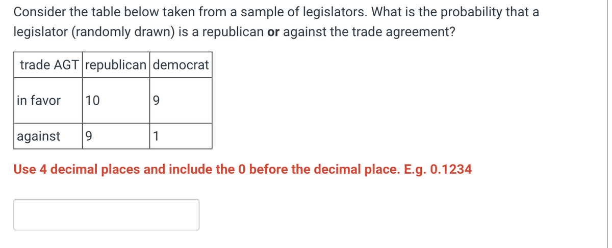 Consider the table below taken from a sample of legislators. What is the probability that a
legislator (randomly drawn) is a republican or against the trade agreement?
trade AGT republican democrat
in favor 10
9
against 9
Use 4 decimal places and include the 0 before the decimal place. E.g. 0.1234
1