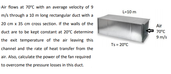 Air flows at 70°C with an average velocity of 9
L=10 m
m/s through a 10 m long rectangular duct with a
20 cm x 35 cm cross section. If the walls of the
Air
duct are to be kept constant at 20°C determine
70°C
9 m/s
the exit temperature of the air leaving this
Ts = 20°C
channel and the rate of heat transfer from the
air. Also, calculate the power of the fan required
to overcome the pressure losses in this duct.
