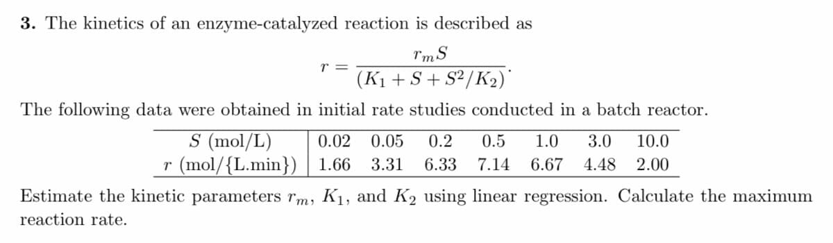 Estimate the kinetic parameters rm, K1, and K2 using linear regression. Calculate the maximum
reaction rate.
