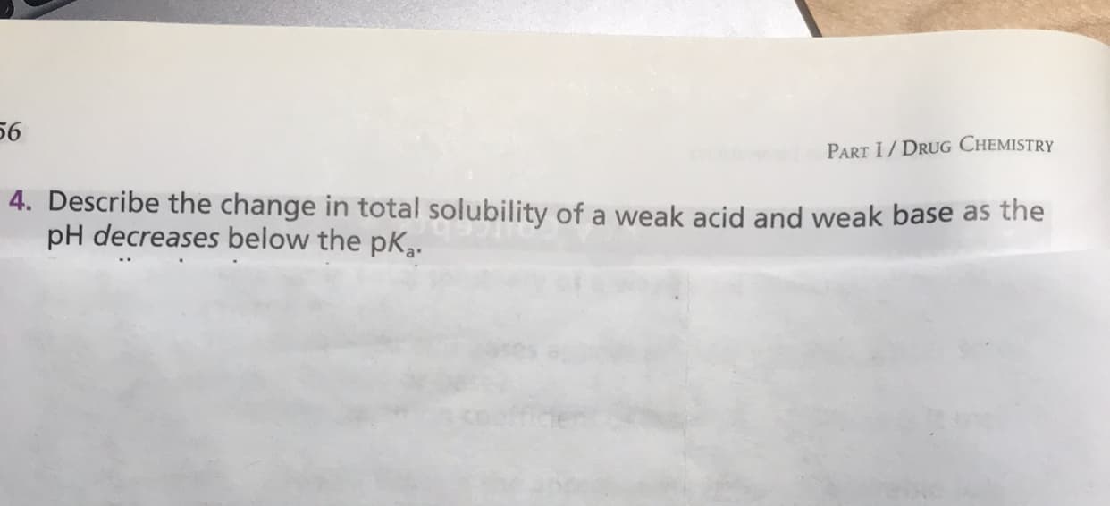 Describe the change in total solubility of a weak acid and weak base as the
pH decreases below the pK,.
