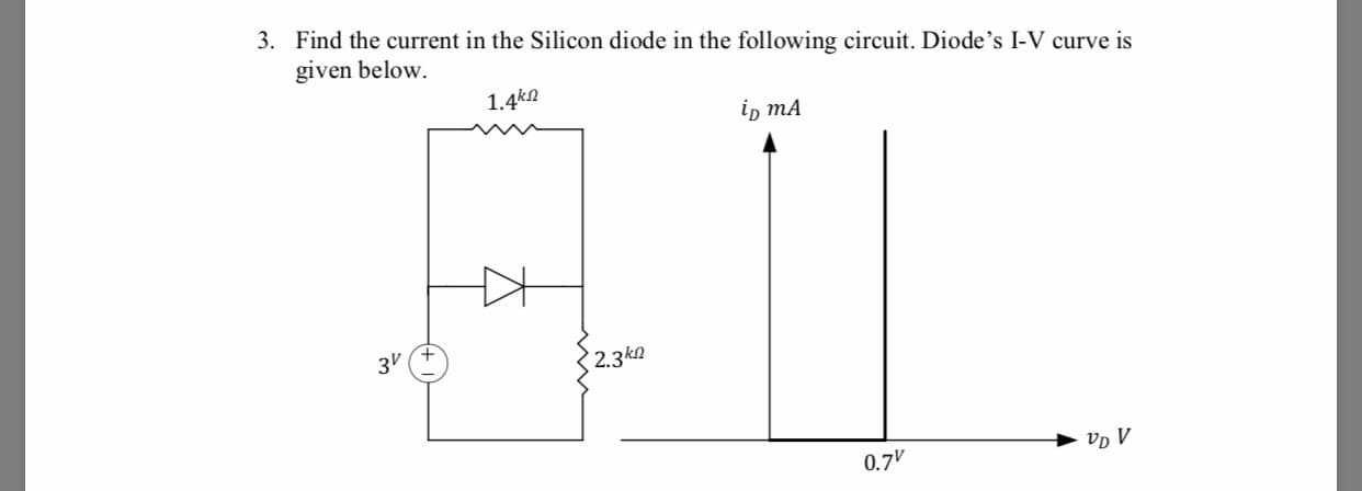 3.
Find the current in the Silicon diode in the following circuit. Diode's I-V curve is
given below.
1.4k2
1D mA
3V
2.3k2
0.7
