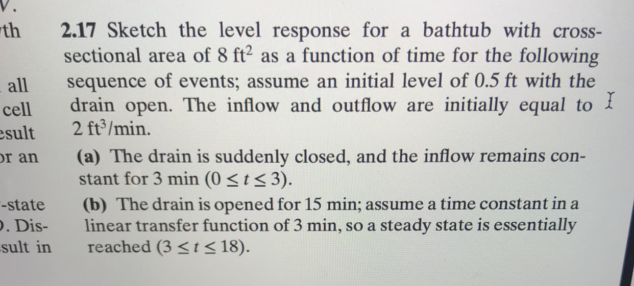 th
2.17 Sketch the level response for a bathtub with cross-
sectional area of 8 ft2 as a function of time for the following
sequence of events; assume an initial level of 0.5 ft with the
drain open. The inflow and outflow are initially equal to 1
2 ft /min.
all
cell
esult
(a) The drain is suddenly closed, and the inflow remains con-
stant for 3 min (0 <t< 3).
(b) The drain is opened for 15 min; assume a time constant in a
linear transfer function of 3 min, so a steady state is essentially
reached (3 < t<18).
or an
--state
D. Dis-
sult in
