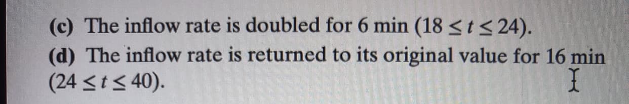 (c) The inflow rate is doubled for 6 min (18<t< 24).
(d) The inflow rate is returned to its original value for 16 min
(24 <t< 40).
