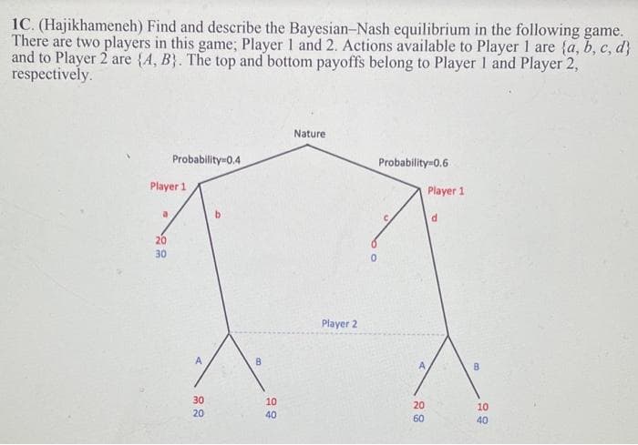 1C. (Hajikhameneh) Find and describe the Bayesian-Nash equilibrium in the following game.
There are two players in this game; Player 1 and 2. Actions available to Player 1 are {a, b, c, d}
and to Player 2 are {A, B}. The top and bottom payoffs belong to Player 1 and Player 2,
respectively.
Nature
Probability-0.4
Probability=0.6
Player 1
Player 1
20
30
Player 2
A
30
10
20
10
20
40
60
40
