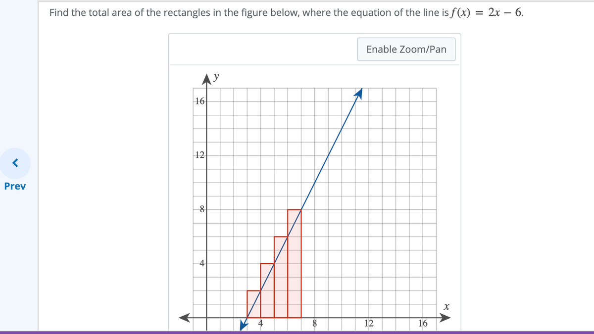 Find the total area of the rectangles in the figure below, where the equation of the line is f(x) = 2x – 6.
Enable Zoom/Pan
AY
|16
|12
Prev
4
12
16
