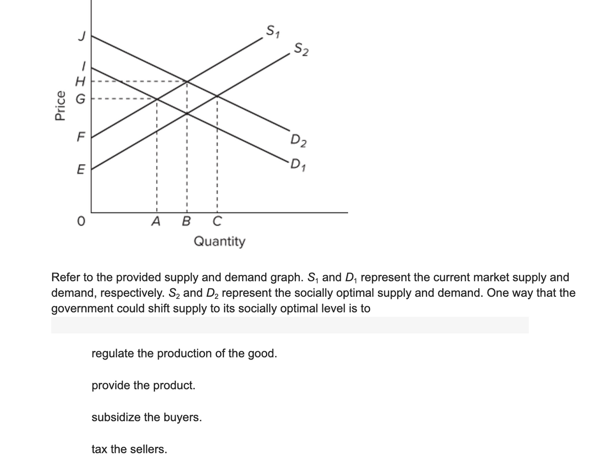 S1
S2
J
D2
F
D1
E
в с
Quantity
A
Refer to the provided supply and demand graph. S, and D, represent the current market supply and
demand, respectively. S, and D, represent the socially optimal supply and demand. One way that the
government could shift supply to its socially optimal level is to
regulate the production of the good.
provide the product.
subsidize the buyers.
tax the sellers.
Price
