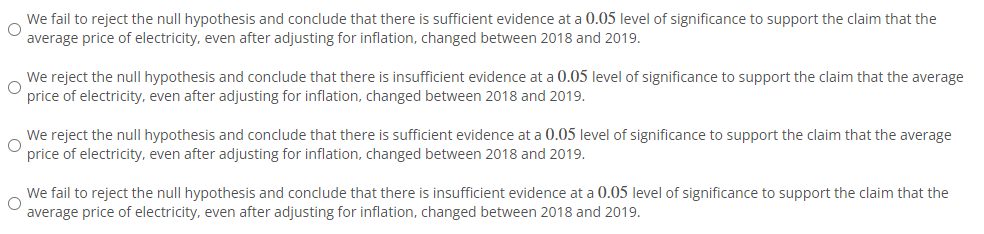 O
We fail to reject the null hypothesis and conclude that there is sufficient evidence at a 0.05 level of significance to support the claim that the
average price of electricity, even after adjusting for inflation, changed between 2018 and 2019.
We reject the null hypothesis and conclude that there is insufficient evidence at a 0.05 level of significance to support the claim that the average
price of electricity, even after adjusting for inflation, changed between 2018 and 2019.
We reject the null hypothesis and conclude that there is sufficient evidence at a 0.05 level of significance to support the claim that the average
O
price of electricity, even after adjusting for inflation, changed between 2018 and 2019.
We fail to reject the null hypothesis and conclude that there is insufficient evidence at a 0.05 level of significance to support the claim that the
O
average price of electricity, even after adjusting for inflation, changed between 2018 and 2019.