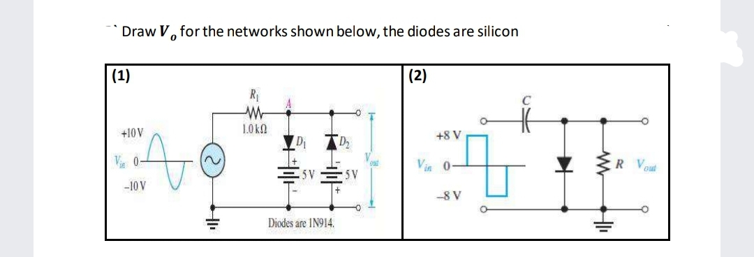 Draw V, for the networks shown below, the diodes are silicon
(1)
(2)
R
1.0 kn
+10 V
+8 V
Vi 0-
Vin 0
R Vout
5V
-5V
-10 V
-8 V
Diodes are IN914.
