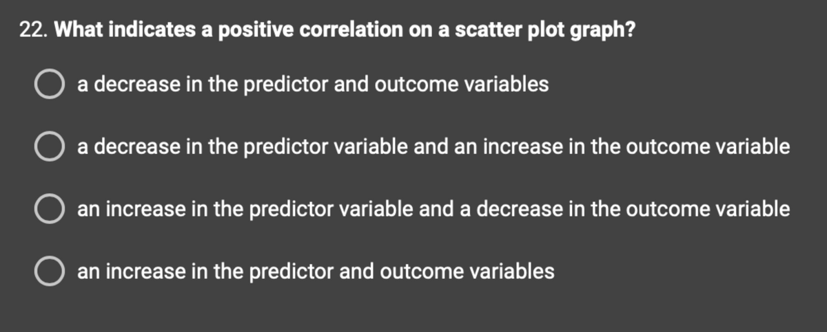 22. What indicates a positive correlation on a scatter plot graph?
a decrease in the predictor and outcome variables
a decrease in the predictor variable and an increase in the outcome variable
an increase in the predictor variable and a decrease in the outcome variable
an increase in the predictor and outcome variables