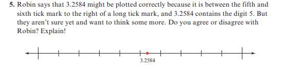 5. Robin says that 3.2584 might be plotted correctly because it is between the fifth and
sixth tick mark to the right of a long tick mark, and 3.2584 contains the digit 5. But
they aren't sure yet and want to think some more. Do you agree or disagree with
Robin? Explain!
3.2584
