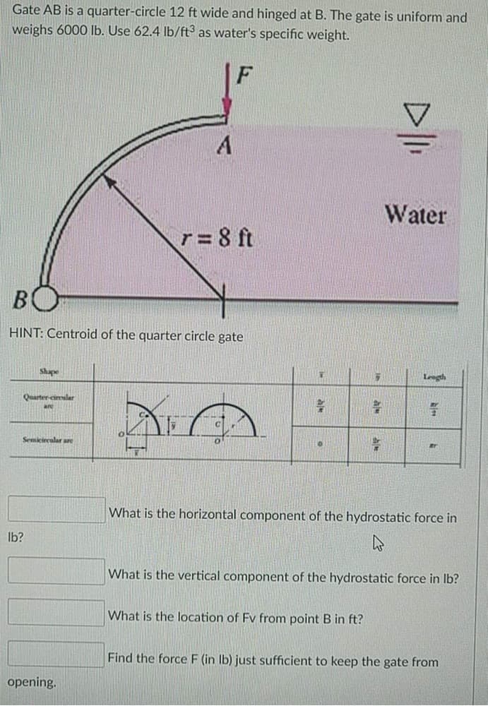 Gate AB is a quarter-circle 12 ft wide and hinged at B. The gate is uniform and
weighs 6000 lb. Use 62.4 Ib/ft as water's specific weight.
|F
Water
r= 8 ft
!!
B
HINT: Centroid of the quarter circle gate
Shape
Length
Quarter-cirlar
ard
Seicreular are
What is the horizontal component of the hydrostatic force in
Ib?
What is the vertical component of the hydrostatic force in Ib?
What is the location of Fv from point B in ft?
Find the force F (in Ib) just sufficient to keep the gate from
opening.
al
