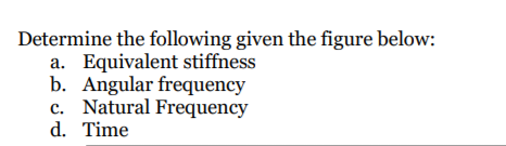 Determine the following given the figure below:
a. Equivalent stiffness
b. Angular frequency
Natural Frequency
d. Time
