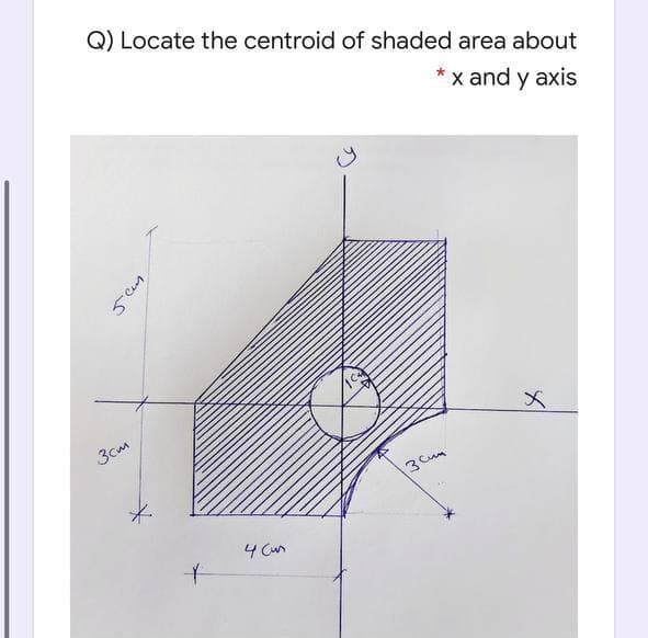 Q) Locate the centroid of shaded area about
*x and y axis
3cm
3Cum
4 Cun
