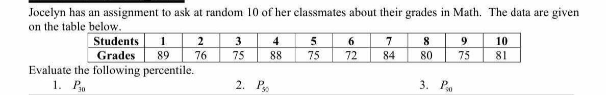 Jocelyn has an assignment to ask at random 10 of her classmates about their grades in Math. The data are given
on the table below.
Students 1
2
3
4
5
6
7
8
9
10
Grades 89
76
75
88
75
72
84
80
75
81
Evaluate the following percentile.
1. P30
3. P90
2. Pso