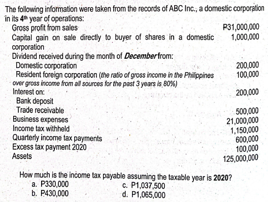 The following information were taken from the records of ABC Inc., a domestic corporation
in its 4th year of operations:
Gross profit from sales
Capital gain on sale directly to buyer of shares in a domestici
corporation
Dividend received during the month of December from:
Domestic corporation
Resident foreign corporation (the ratio of gross income in the Philippines
over gross income from all sources for the past 3 years is 80%)
Interest on:
Bank deposit
Trade receivable
Business expenses
Income tax withheld
Quarterly income tax payments
Excess tax payment 2020
Assets
P31,000,000
1,000,000
c. P1,037,500
d. P1,065,000
200,000
100,000
200,000
500,000
21,000,000
1,150,000
600,000
100,000
125,000,000
How much is the income tax payable assuming the taxable year is 2020?
a. P330,000
b. P430,000