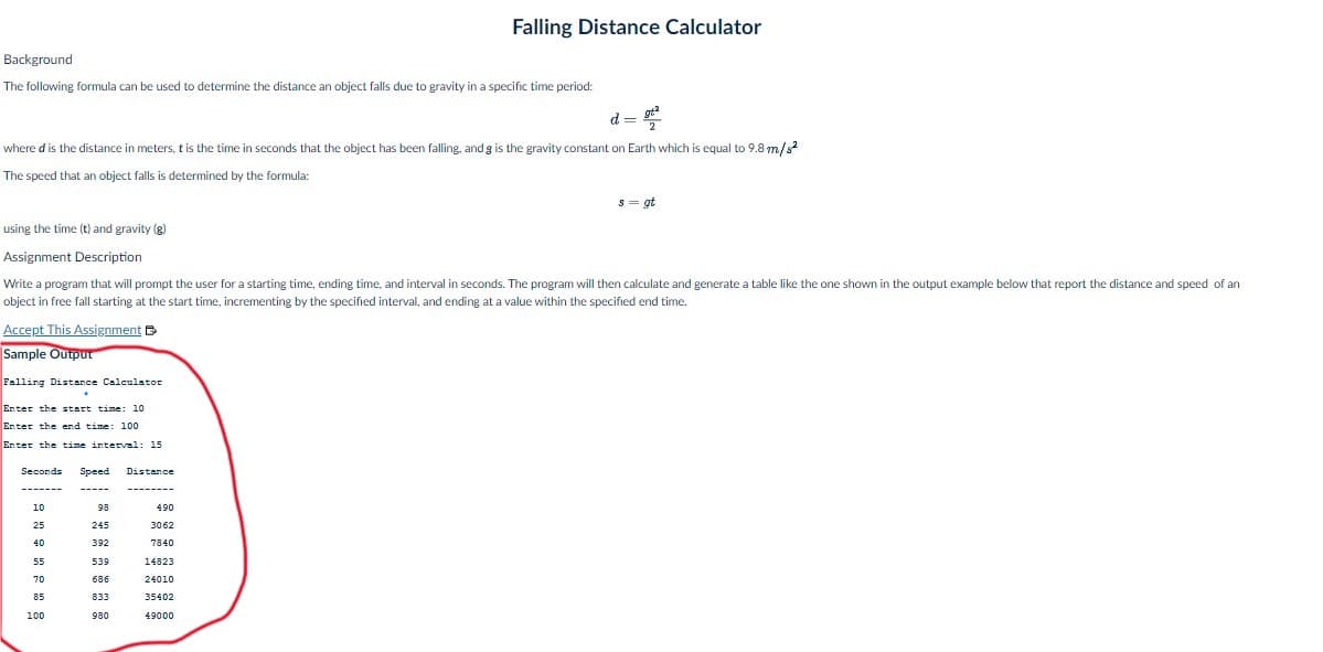 Background
The following formula can be used to determine the distance an object falls due to gravity in a specific time period:
where d is the distance in meters, t is the time in seconds that the object has been falling, and g is the gravity constant on Earth which is equal to 9.8 m/s²
The speed that an object falls is determined by the formula:
Accept This Assignment B
Sample Output
Falling Distance Calculator
Enter the start time: 10
Enter the end time: 100
Enter the time interval: 15
using the time (t) and gravity (g)
Assignment Description
Write a program that will prompt the user for a starting time, ending time, and interval in seconds. The program will then calculate and generate a table like the one shown in the output example below that report the distance and speed of an
object in free fall starting at the start time, incrementing by the specified interval, and ending at a value within the specified end time.
Seconds Speed Distance
10
10
25
23
40
*
**
55
70
70
85
100
Falling Distance Calculator
98
245
432
392
539
686
833
980
490
3062
7840
d = g 342
14823
24010
35402
49000
s = gt