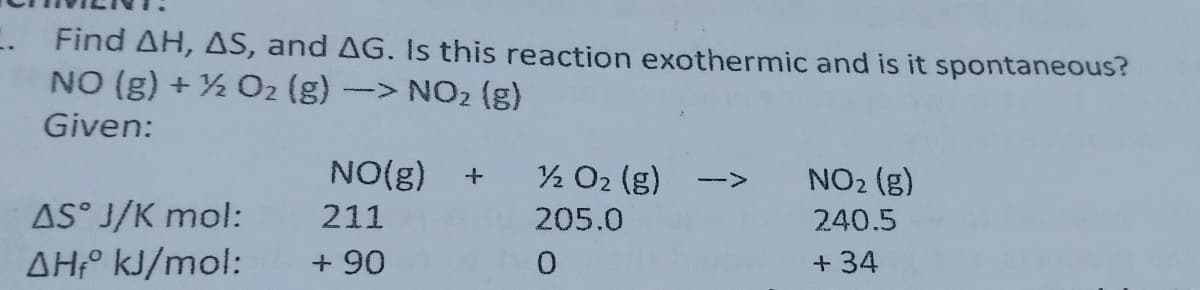 . Find AH, AS, and AG. Is this reaction exothermic and is it spontaneous?
NO (g) + ½ O2 (g)
-> NO2 (g)
Given:
NO(g)
2 O2 (g)
NO2 (g)
->
AS° J/K mol:
AH° kJ/mol:
211
205.0
240.5
+ 90
0.
+34

