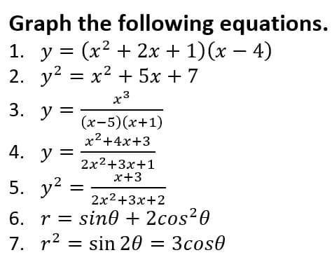 Graph the following equations.
1. у %3D (x? + 2х + 1)(х — 4)
2. у2 — х2 + 5х + 7
x3
3. у —
(х-5) (х+1)
х2+4х+3
4. у 3
2x2+3x+1
х+3
y?
||
2x2+3х+2
6. r%3D sin0 + 2сos?0
7. r2 3D sin 20 — Зсos0

