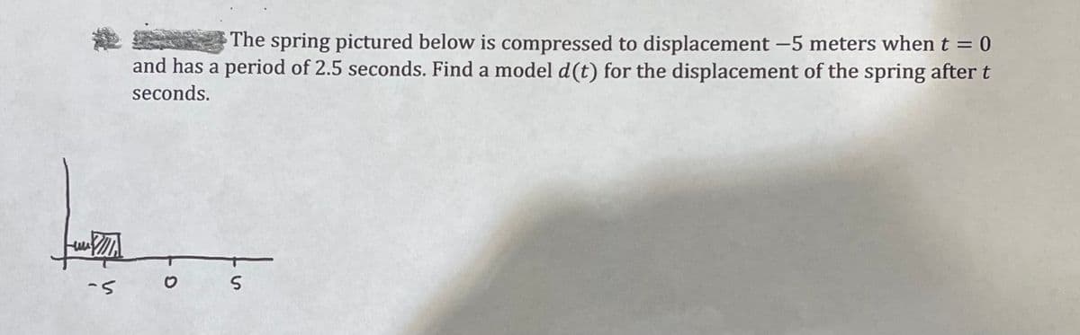 The spring pictured below is compressed to displacement -5 meters when t = 0
and has a period of 2.5 seconds. Find a model d(t) for the displacement of the spring after t
seconds.
