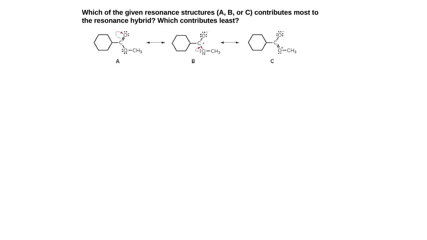 Which of the given resonance structures (A, B, or C) contributes most to
the resonance hybrid? Which contributes least?
*ö:
:0-CH3
-CH3
0-CH3
A
B

