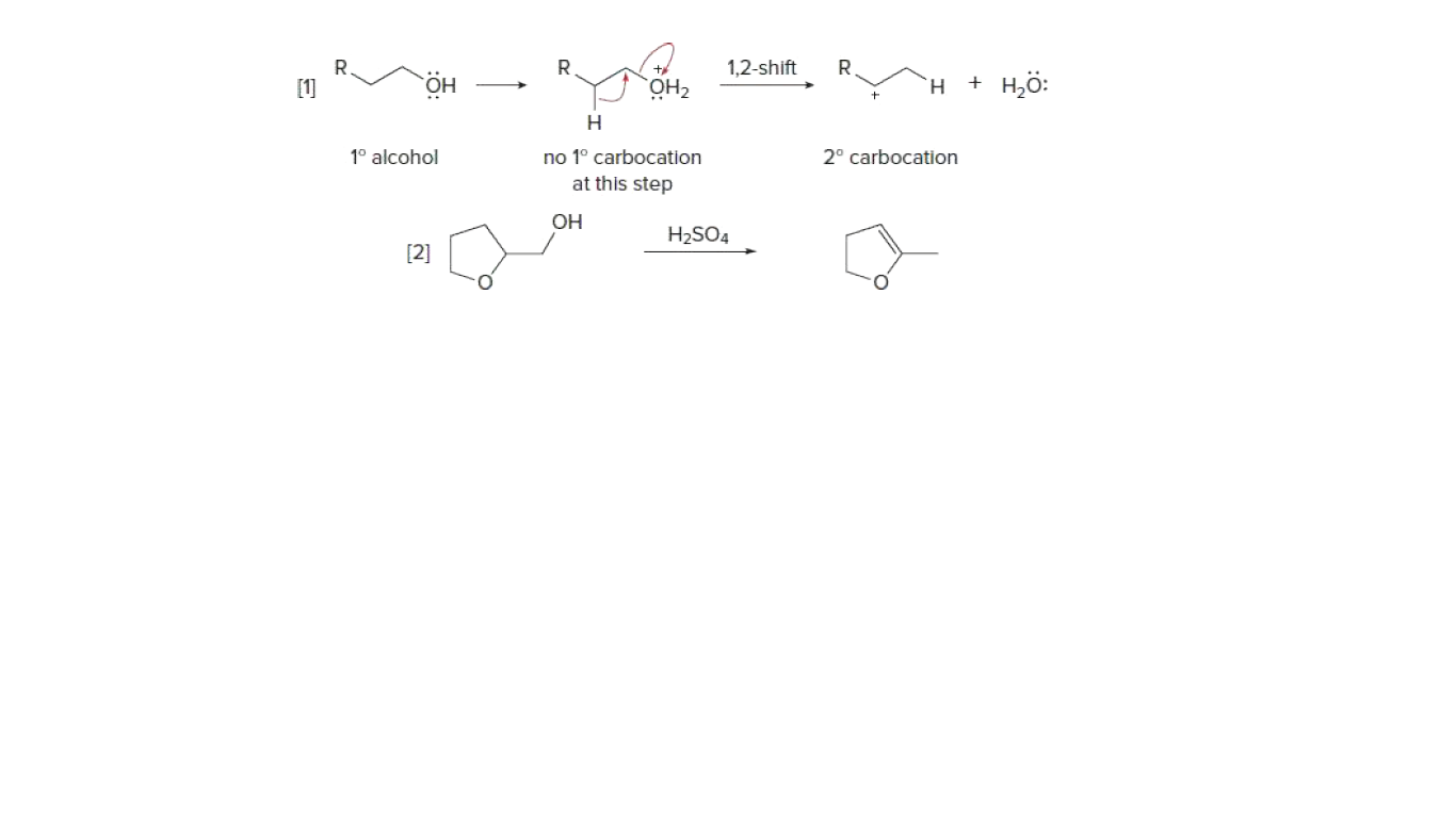 1,2-shift
R
[1]
`H + H,ö:
HÖ
1° alcohol
no 1° carbocation
2° carbocation
at this step
OH
H2SO4
[2]
