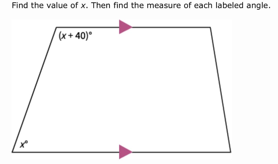 Find the value of x. Then find the measure of each labeled angle.
(x+ 40)°
