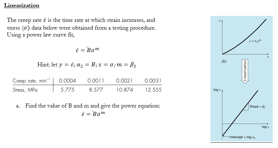 Linearization
The creep rate & is the time rate at which strain increases, and
stress (0) data below were obtained from a testing procedure.
Using a power law curve fit,
ε = Bom
Hint: let y = &; α₂ = B; x = 0; m = B₂
Creep rate, min¹
Stress, MPa
0.0004 0.0011 0.0021
5.775
8.577
10.874
0.0031
12.555
a. Find the value of B and m and give the power equation:
ε = Bom
log y
(b)
Linearization
y = a
Slope = B₂
L
log x
Intercept log a₂