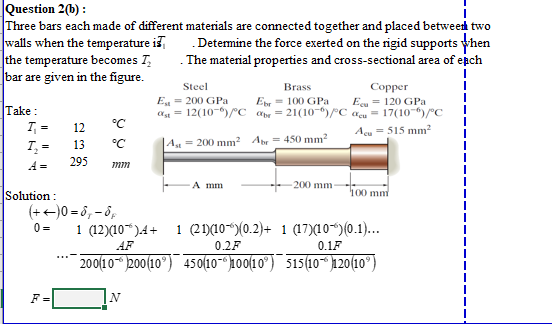 Question 2(b) :
Three bars each made of different materials are connected together and placed betweet two
walls when the temperature is
the temperature becomes T,
bar are given in the figure.
.Determine the force exerted on the rigid supports when
. The material properties and cross-sectional area of epch
Steel
Brass
Сорper
E = 200 GPa
Epr = 100 GPa
Eu = 120 GPa
as = 12(10-")/C a = 21(10-)/PC acu= 17(10-6)/°C
Acu = 515 mm?
Take :
I =
12
°C
I, =
|A = 200 mm2 Ar = 450 mm?
13
°C
A =
295
A mm
200 mm
"h00 mm
Solution :
(++)0 = 6, - 8,
0 =
1 (12)(10*).4+
1 (21)(10-")(0.2)+ 1 (17)(10-)(0.1)...
AF
0.2F
0.1F
200(10 200(10°) 450(10- 100(10°) 515(10 120(10°)
F =
