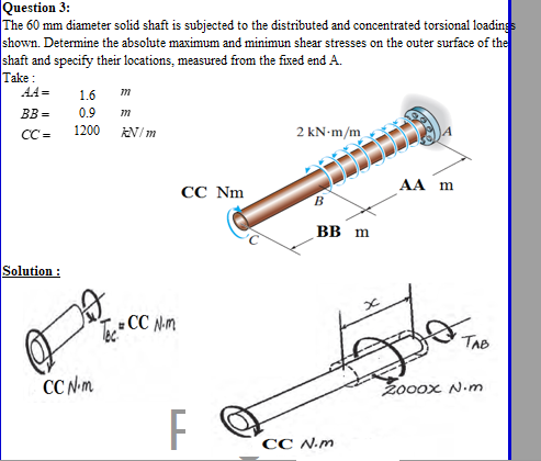 Question 3:
The 60 mm diameter solid shaft is subjected to the distributed and concentrated torsional loadings
shown. Determine the absolute maximum and minimun shear stresses on the outer surface of the
shaft and specify their locations, measured from the fixed end A.
Take :
AA=
1.6
BB =
0.9
CC =
1200
AN/ m
2 kN-m/m
AA m
CC Nm
B
вB m
Solution :
= CC N-m
TAB
CC N-m
2o0ox N.m
CC N.m
