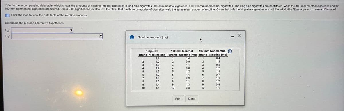 Refer to the accompanying data table, which shows the amounts of nicotine (mg per cigarette) in king-size cigarettes, 100-mm menthol cigarettes, and 100-mm nonmenthol cigarettes. The king-size cigarettes are nonfiltered, while the 100-mm menthol cigarettes and the
100-mm nonmenthol cigarettes are filtered. Use a 0.05 significance level to test the claim that the three categories of cigarettes yield the same mean amount of nicotine. Given that only the king-size cigarettes are not filtered, do the filters appear to make a difference?
Click the icon to view the data table of the nicotine amounts.
Determine the null and alternative hypotheses.
Ho:
H:
i Nicotine amounts (mg)
100-mm Nonmenthol
King-Size
Brand Nicotine (mg) Brand Nicotine (mg) Brand Nicotine (mg)
100-mm Menthol
1
1.7
1
1.4
0.4
1.0
0.9
2
1.1
1.0
1.1
3
0.5
4
1.2
4
0.8
4
1.2
1.5
1.2
1.1
1.2
1.4
0.7
1.3
0.9
1.1
8.
1.0
8
1.1
8.
1.2
9.
1.4
9.
1.3
9.
0.8
10
1.1
10
0.8
10
1.1
Print
Done
