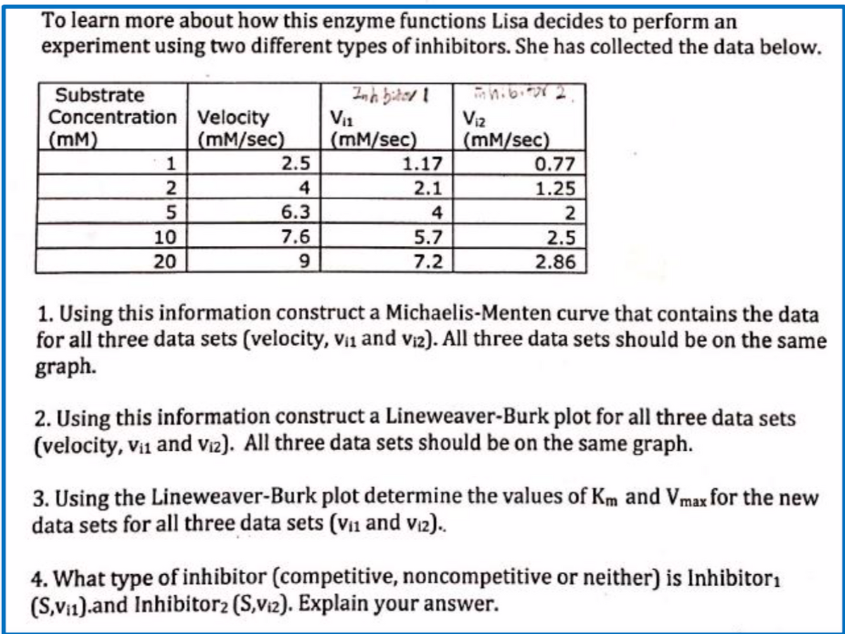 To learn more about how this enzyme functions Lisa decides to perform an
experiment using two different types of inhibitors. She has collected the data below.
Substrate
Concentration Velocity
(mM/sec)
2.5
4
6.3
7.6
Vi2
(mM)
(mM/sec)
1.17
2.1
4
5.7
7.2
(mM/sec)
0.77
1.25
1
10
20
2.5
2.86
1. Using this information construct a Michaelis-Menten curve that contains the data
for all three data sets (velocity, Vi1 and vi2). All three data sets should be on the same
graph.
2. Using this information construct a Lineweaver-Burk plot for all three data sets
(velocity, vi and vi2). All three data sets should be on the same graph.
3. Using the Lineweaver-Burk plot determine the values of Km and Vmax for the new
data sets for all three data sets (V11 and vz).
4. What type of inhibitor (competitive, noncompetitive or neither) is Inhibitori
(S,Vi1).and Inhibitor2 (S,V12). Explain your answer.
