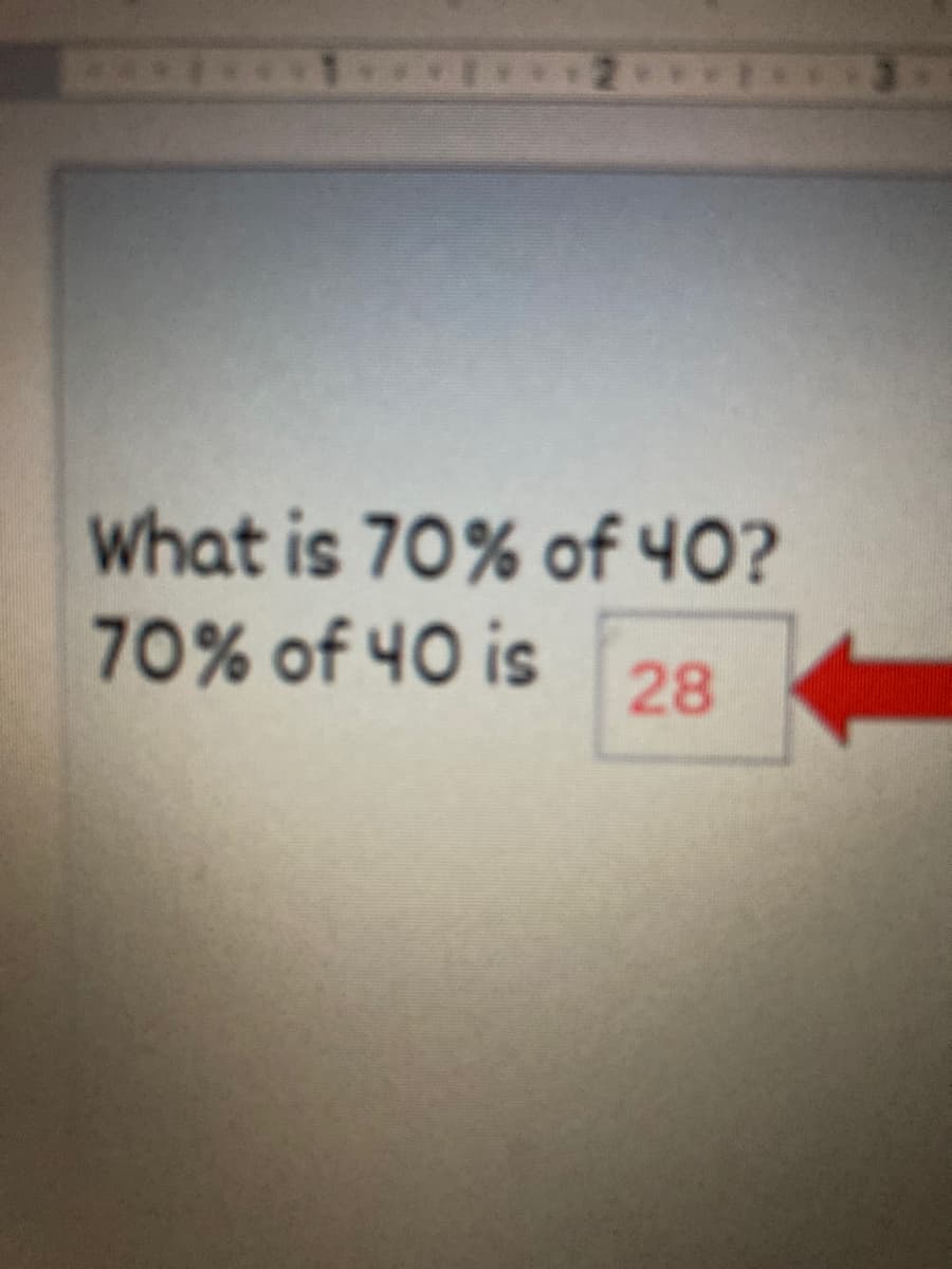 What is 70% of 40?
70% of 40 is
28
