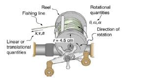 Reel
Rotational
Fishing line
quantities
ట,
X,Va
Direction of
rotation
Linear or
r= 4.5 cm
translational
quantities
