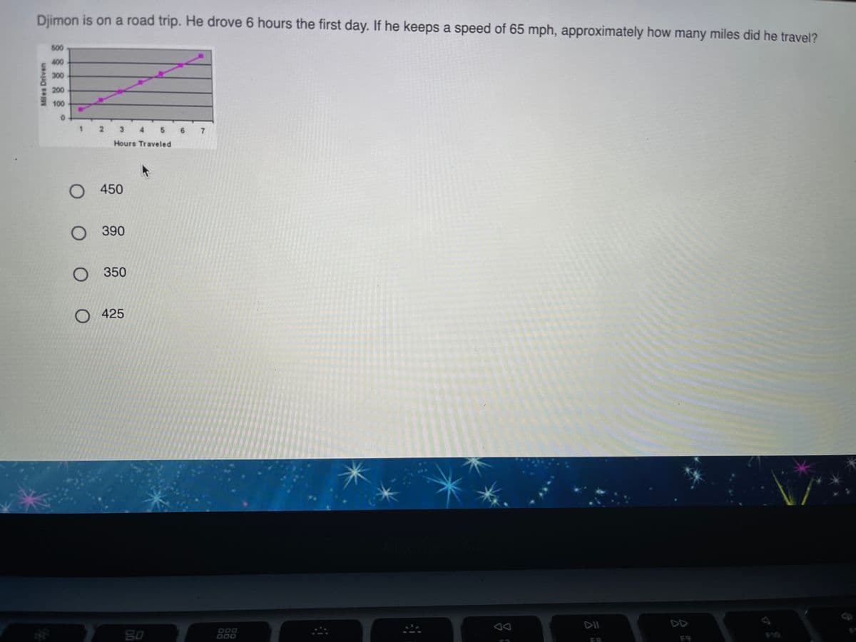 Djimon is on a road trip. He drove 6 hours the first day. If he keeps a speed of 65 mph, approximately how many miles did he travel?
500
400
300
200
100
1 2
3 4 5 6 7
Hours Traveled
O 450
O 390
O 350
O 425
DII
DD
80
000
D00
F10
F9
Miles Driven
