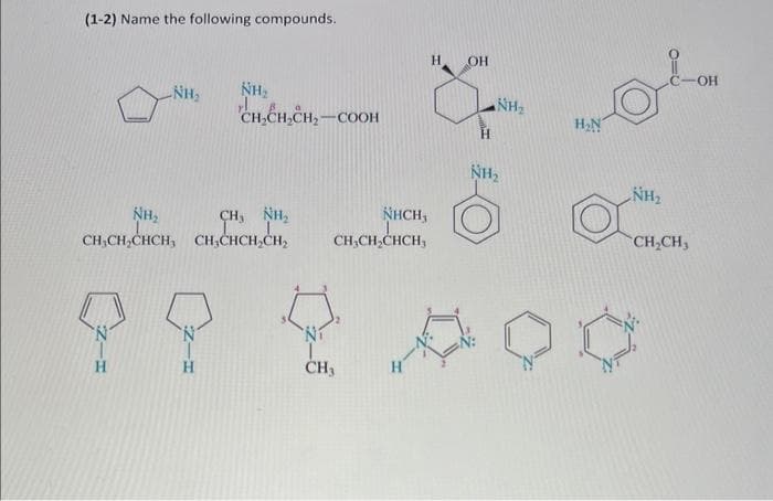 (1-2) Name the following compounds.
NH₂
H
NH₂
CH₂CH₂CH₂-COOH
NH₂
CH₂
CH, NH,
CH₂CH₂CHCH, CH₂CHCH₂CH₂
NHCH,
CH₂CH₂CHCH₂
CH3
H OH
H
NH₂
NH₂
H₂N
a
NH₂
CH₂CH3
OH