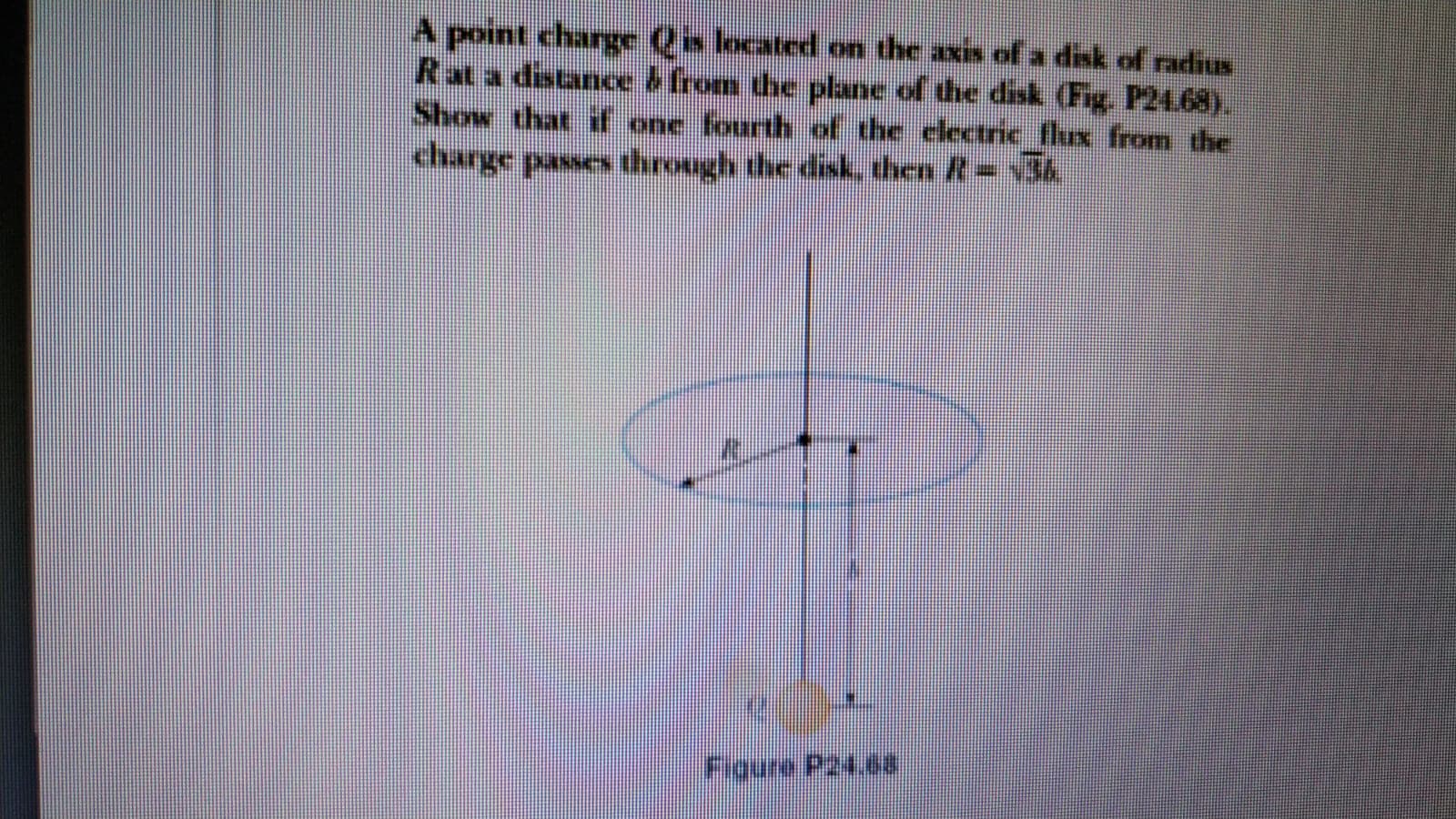A point charge Qs located on the axis ofa disk of radius
Rat a distance & from the plane of the disk (Fig. P24.68).
Show that if one fourth of the electric flux from the
charge passes through the disk, then R= v36.
