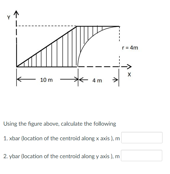 r = 4m
10 m
4 m
Using the figure above, calculate the following
1. xbar (location of the centroid along x axis ), m
2. ybar (location of the centroid along y axis ), m
