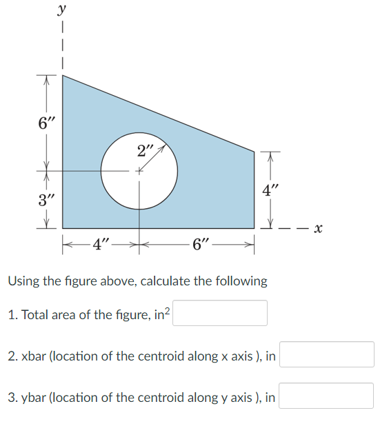 y
6"
2"
4"
3"
- x
4"
-6"
Using the figure above, calculate the following
1. Total area of the figure, in?
2. xbar (location of the centroid along x axis ), in
3. ybar (location of the centroid along y axis ), in
