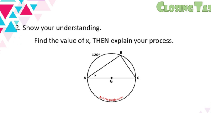 CLOSING TAS
2. Show your understanding.
Find the value of x, THEN explain your process.
120
A
MATHQuide
com
