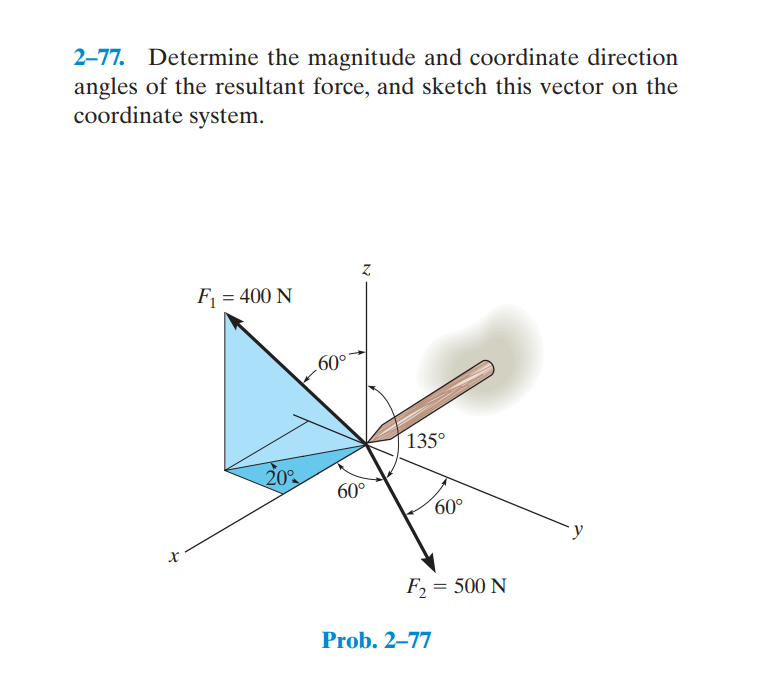 2–77. Determine the magnitude and coordinate direction
angles of the resultant force, and sketch this vector on the
coordinate system.
F = 400 N
.60°
135°
20°%
60°
60°
F2 = 500 N
Prob. 2–77
