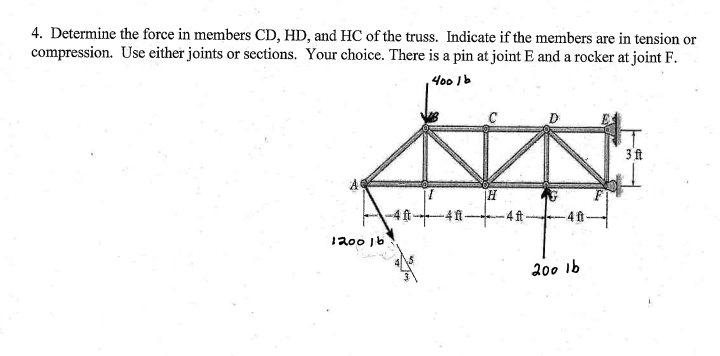 4. Determine the force in members CD, HD, and HC of the truss. Indicate if the members are in tension or
compression. Use either joints or sections. Your choice. There is a pin at joint E and a rocker at joint F.
400 1b
3 ft
-4 ft-
-4fi
-4ft-
1200 jb
200 1b
